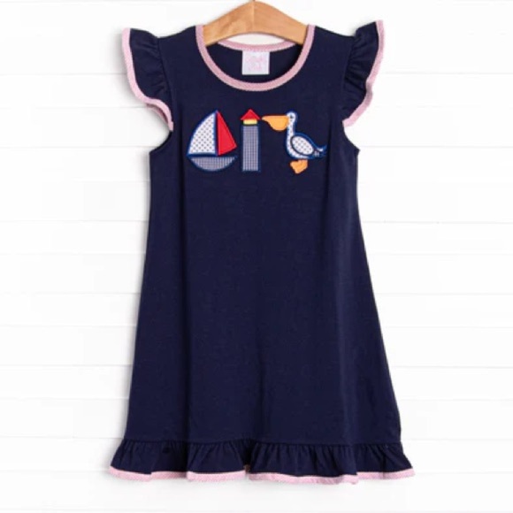 Stitchy Fish Girls 7 Navy Blue Lookout Lady Appliqué Dress Sailboat Lighthouse - Picture 1 of 8